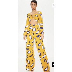 Prettylittlething Mustard Yellow Leopard Print Tie Cut Out Jumpsuit Womens 6
